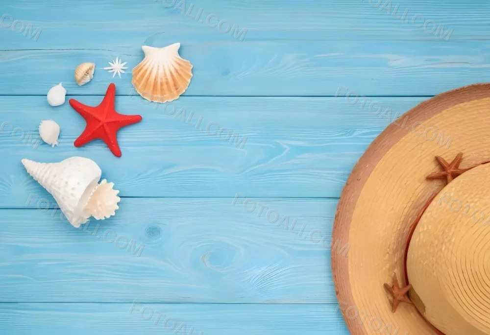A Red Starfish Seashells And A Straw Hat On A Blue Wooden Background Summer Vacation Concept Beach Theme Top View Flat Lay 10 F1ab