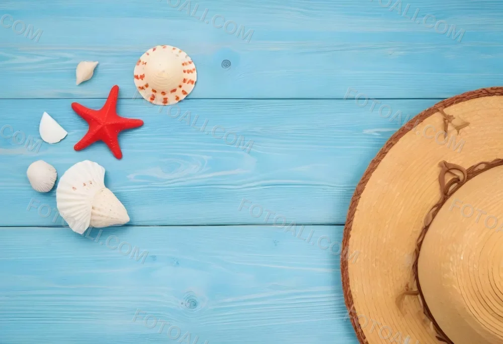 A Red Starfish Seashells And A Straw Hat On A Blue Wooden Background Summer Vacation Concept Beach Theme Top View Flat Lay 11 2fc3