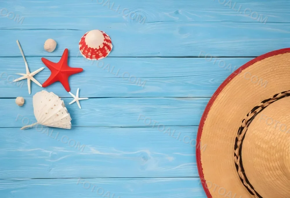 A Red Starfish Seashells And A Straw Hat On A Blue Wooden Background Summer Vacation Concept Beach Theme Top View Flat Lay 12 6a15