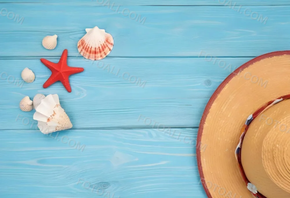 A Red Starfish Seashells And A Straw Hat On A Blue Wooden Background Summer Vacation Concept Beach Theme Top View Flat Lay 15 B748