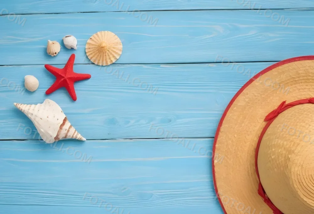 A Red Starfish Seashells And A Straw Hat On A Blue Wooden Background Summer Vacation Concept Beach Theme Top View Flat Lay 18 Ea49