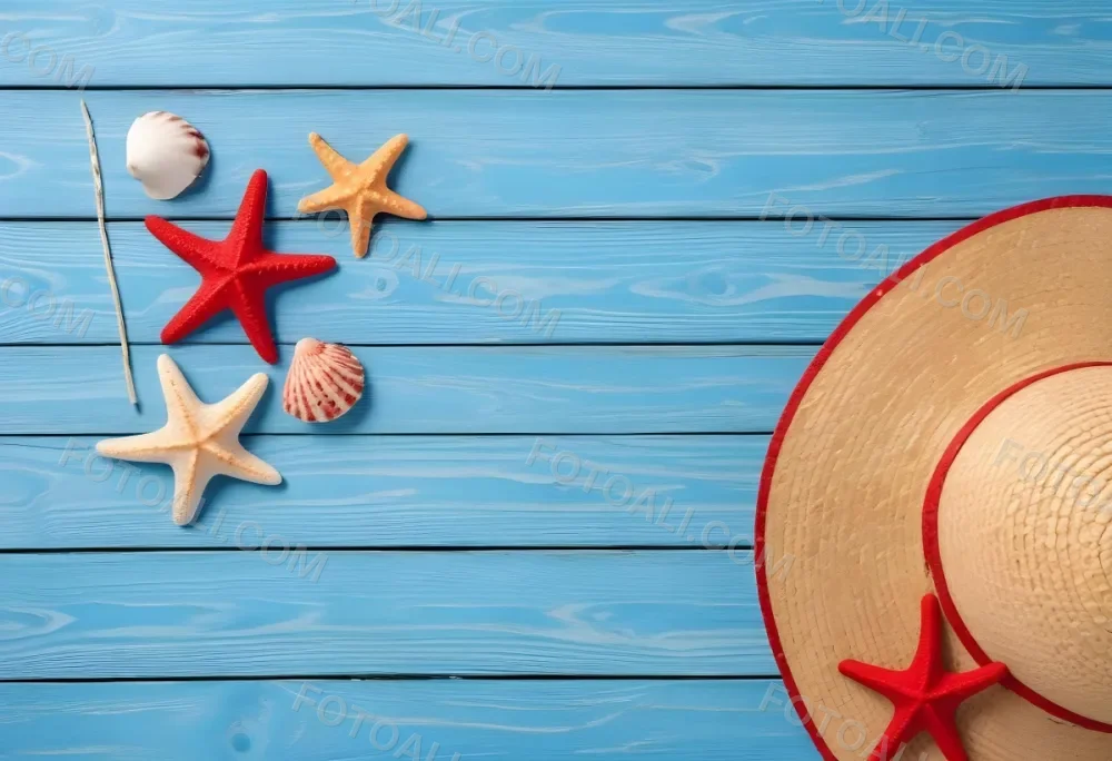 A Red Starfish Seashells And A Straw Hat On A Blue Wooden Background Summer Vacation Concept Beach Theme Top View Flat Lay 4 E606