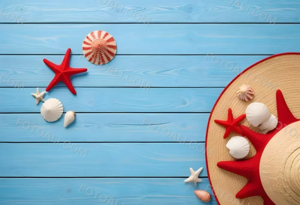 A Red Starfish Seashells And A Straw Hat On A Blue Wooden Background Summer Vacation Concept Beach Theme Top View Flat Lay 5 6069