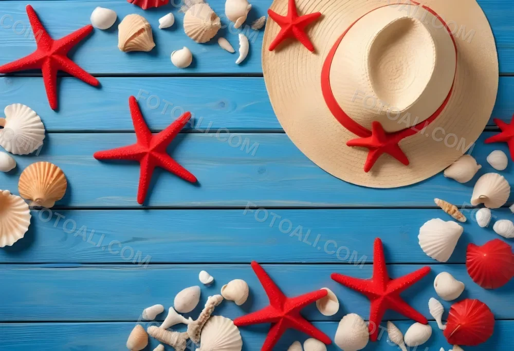 A Red Starfish Seashells And A Straw Hat On A Blue Wooden Background Summer Vacation Concept Beach Theme Top View Flat Lay 7 F766