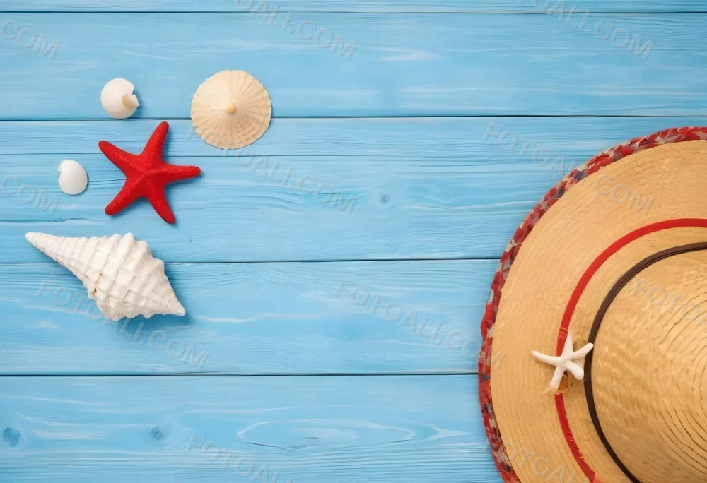 A Red Starfish Seashells And A Straw Hat On A Blue Wooden Background Summer Vacation Concept Beach Theme Top View Flat Lay 9 93bd