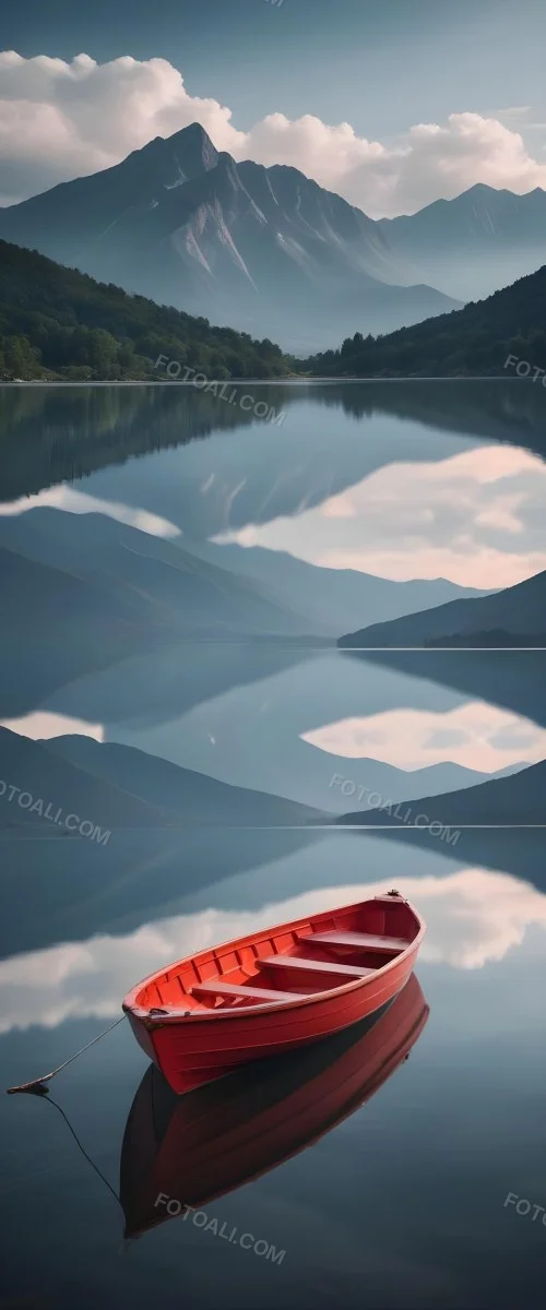 A Red Wooden Boat Floating On A Calm Lake With Mountains And Cloudy Sky Reflected In The Water 1 7e28