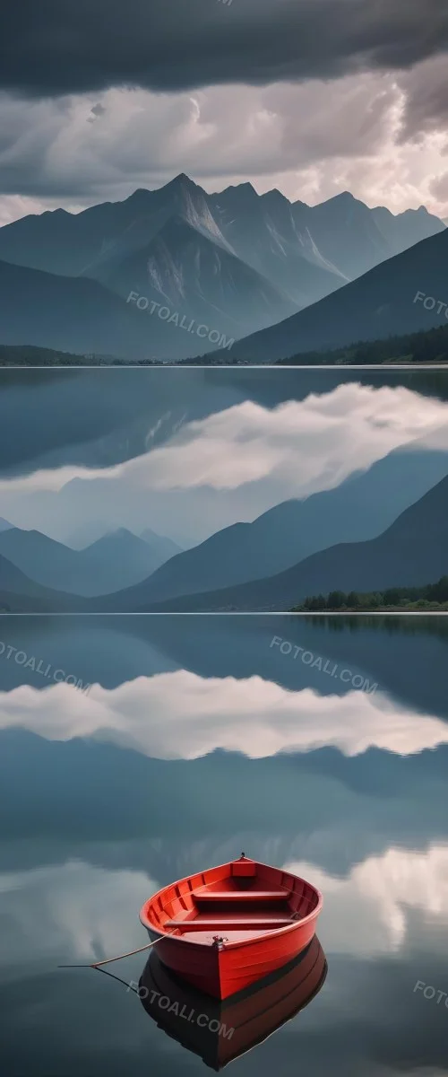 A Red Wooden Boat Floating On A Calm Lake With Mountains And Cloudy Sky Reflected In The Water 10 4334