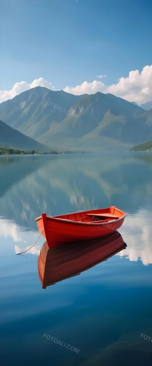 A Red Wooden Boat Floating On A Calm Lake With Mountains And Cloudy Sky Reflected In The Water 13 93b4