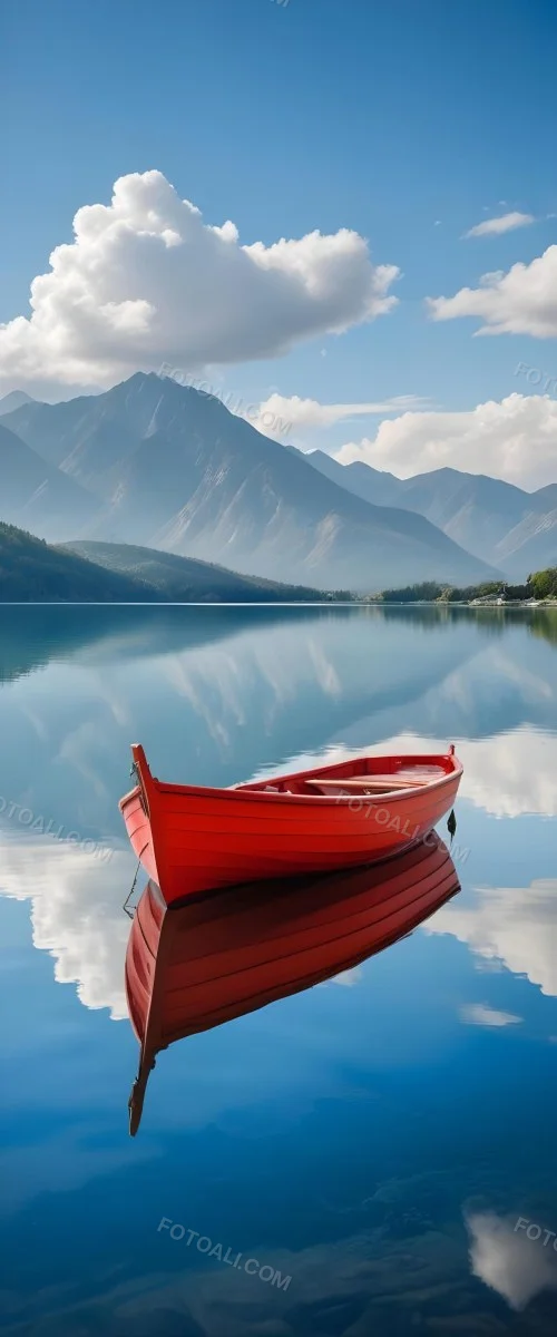 A Red Wooden Boat Floating On A Calm Lake With Mountains And Cloudy Sky Reflected In The Water 17 0c63
