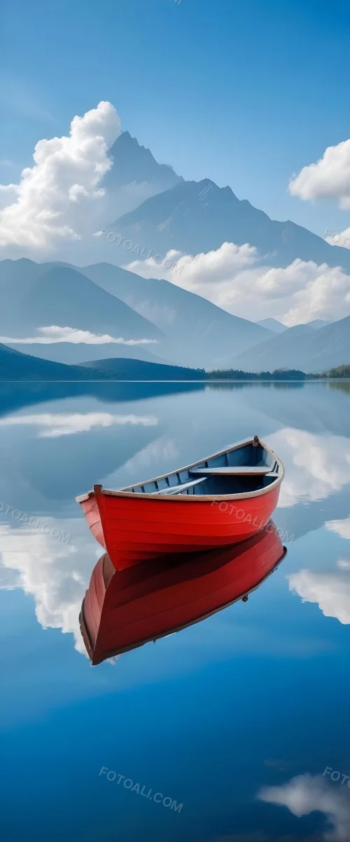 A Red Wooden Boat Floating On A Calm Lake With Mountains And Cloudy Sky Reflected In The Water 18 90a7