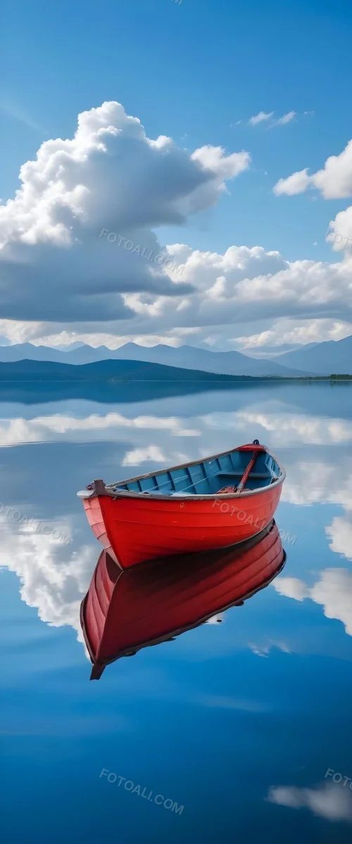 A Red Wooden Boat Floating On A Calm Lake With Mountains And Cloudy Sky Reflected In The Water 19 Efe5
