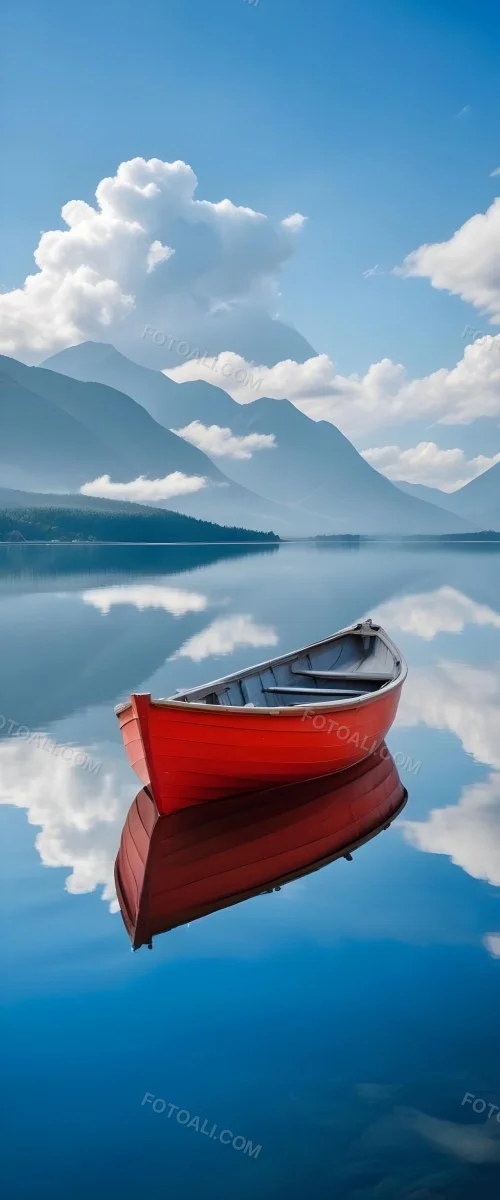 A Red Wooden Boat Floating On A Calm Lake With Mountains And Cloudy Sky Reflected In The Water 20 0e55