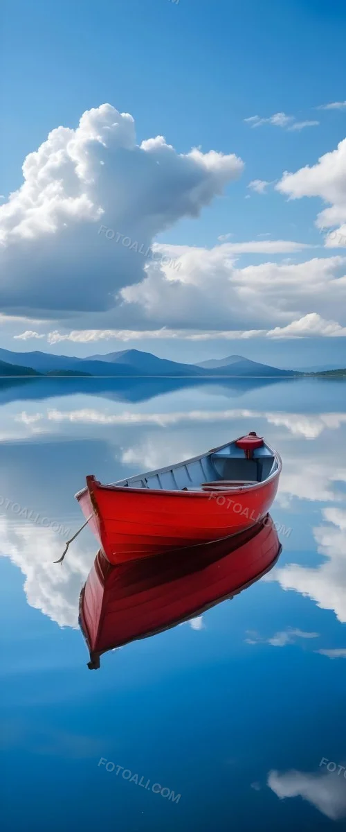 A Red Wooden Boat Floating On A Calm Lake With Mountains And Cloudy Sky Reflected In The Water 21 2016