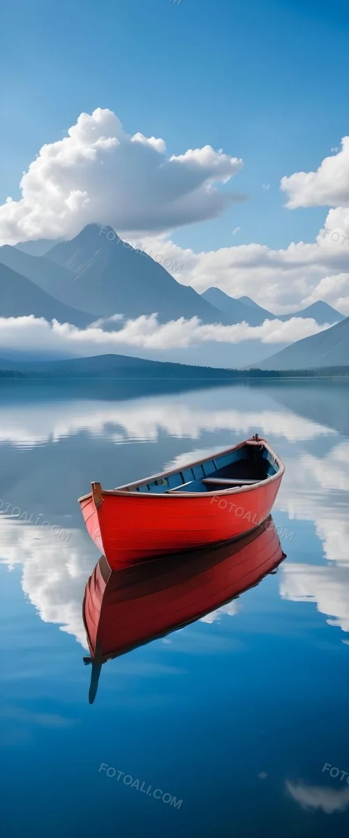 A Red Wooden Boat Floating On A Calm Lake With Mountains And Cloudy Sky Reflected In The Water 22 4339