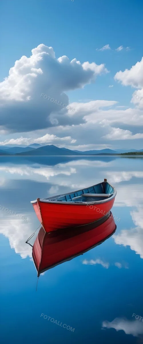 A Red Wooden Boat Floating On A Calm Lake With Mountains And Cloudy Sky Reflected In The Water 23 D80b