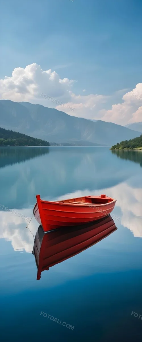 A Red Wooden Boat Floating On A Calm Lake With Mountains And Cloudy Sky Reflected In The Water 4 C7ce