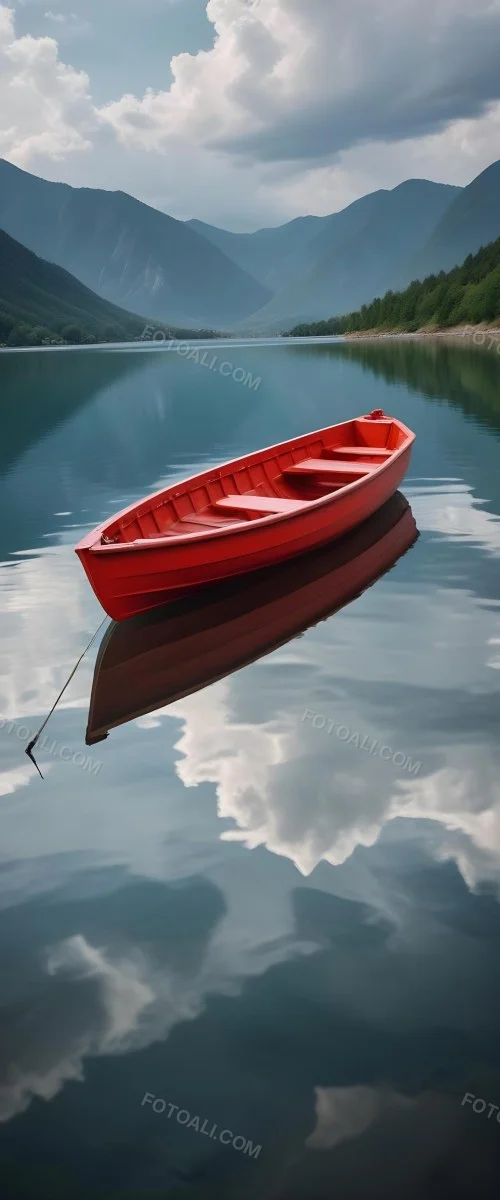 A Red Wooden Boat Floating On A Calm Lake With Mountains And Cloudy Sky Reflected In The Water 6 7e2e