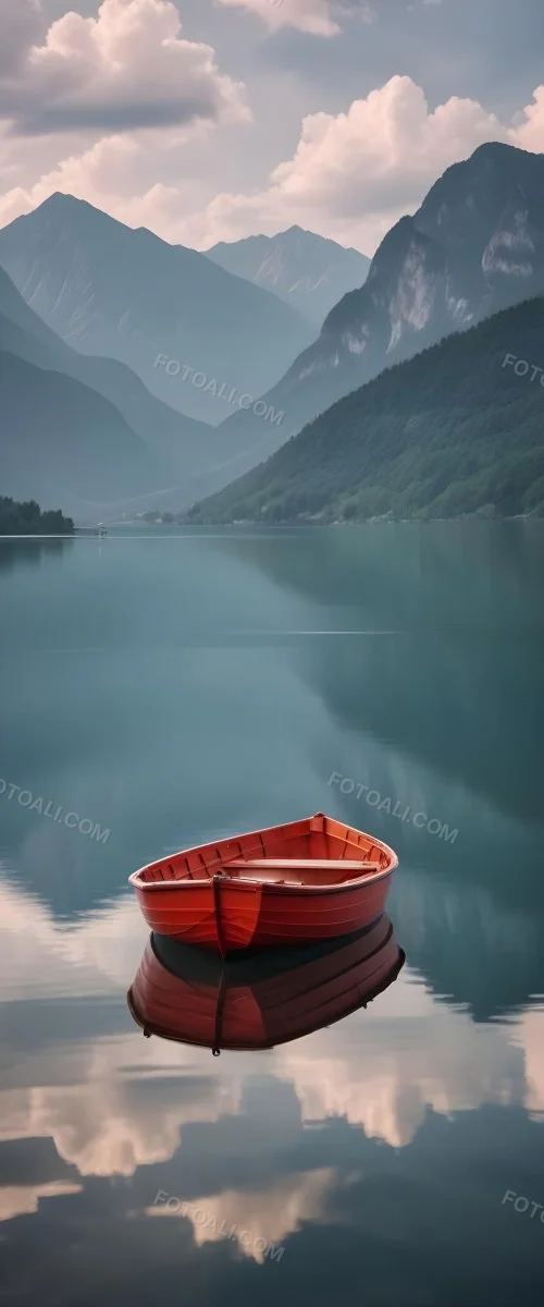 A Red Wooden Boat Floating On A Calm Lake With Mountains And Cloudy Sky Reflected In The Water 8 8959
