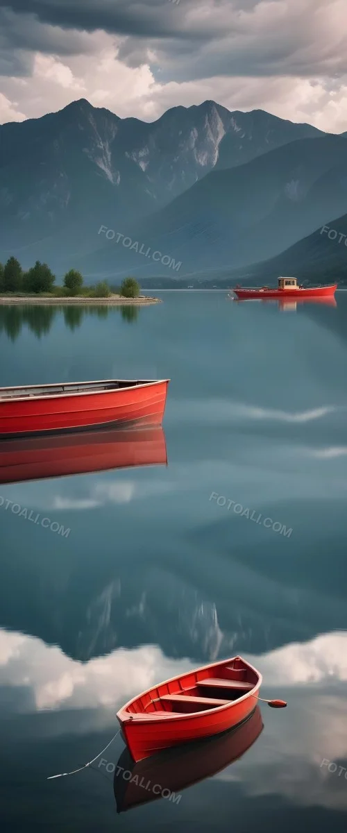 A Red Wooden Boat Floating On A Calm Lake With Mountains And Cloudy Sky Reflected In The Water 9 A557