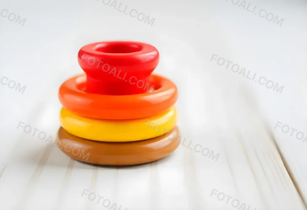 A Red Yellow And Orange Stacking Ring Toy On A White Wooden Surface The Rings Are Plastic And Shiny Close Up Shot 39 7b84