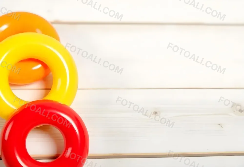 A Red Yellow And Orange Stacking Ring Toy On A White Wooden Surface The Rings Are Plastic And Shiny Close Up Shot 42 B812