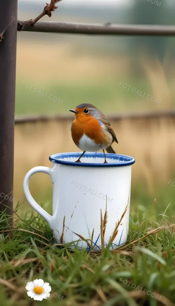 A Robin Bird Perched On A White Enamel Mug With Blue Rim The Mug Is On The Grass Blurred Background Of A Field 21 E68b