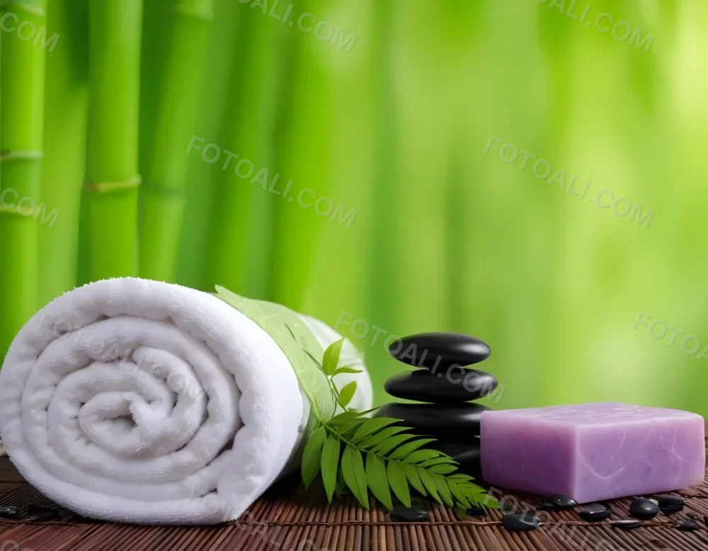 A Rolled White Towel Placed Next To Smooth Black Stones Green Fern Leaves And Small Purple And Pink Soap Bars The Background Features A Blurred Green Bamboo Setting Creating A Tranquil Spa Like Atmosphere 10 B661