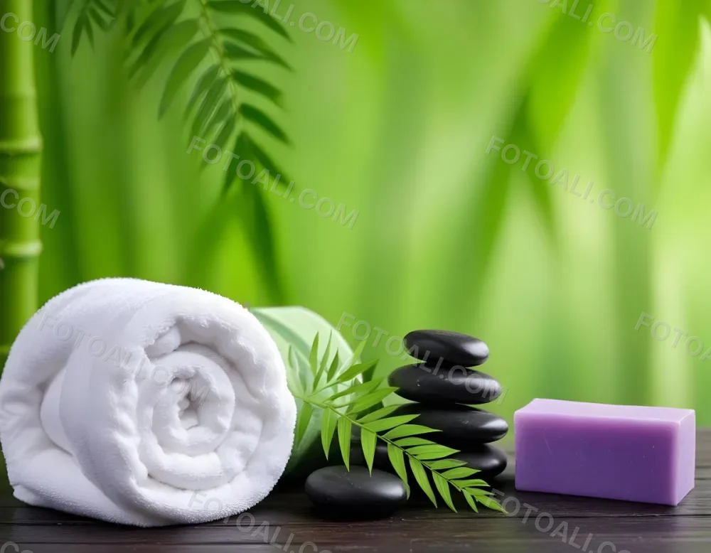 A Rolled White Towel Placed Next To Smooth Black Stones Green Fern Leaves And Small Purple And Pink Soap Bars The Background Features A Blurred Green Bamboo Setting Creating A Tranquil Spa Like Atmosphere 13 E7a6