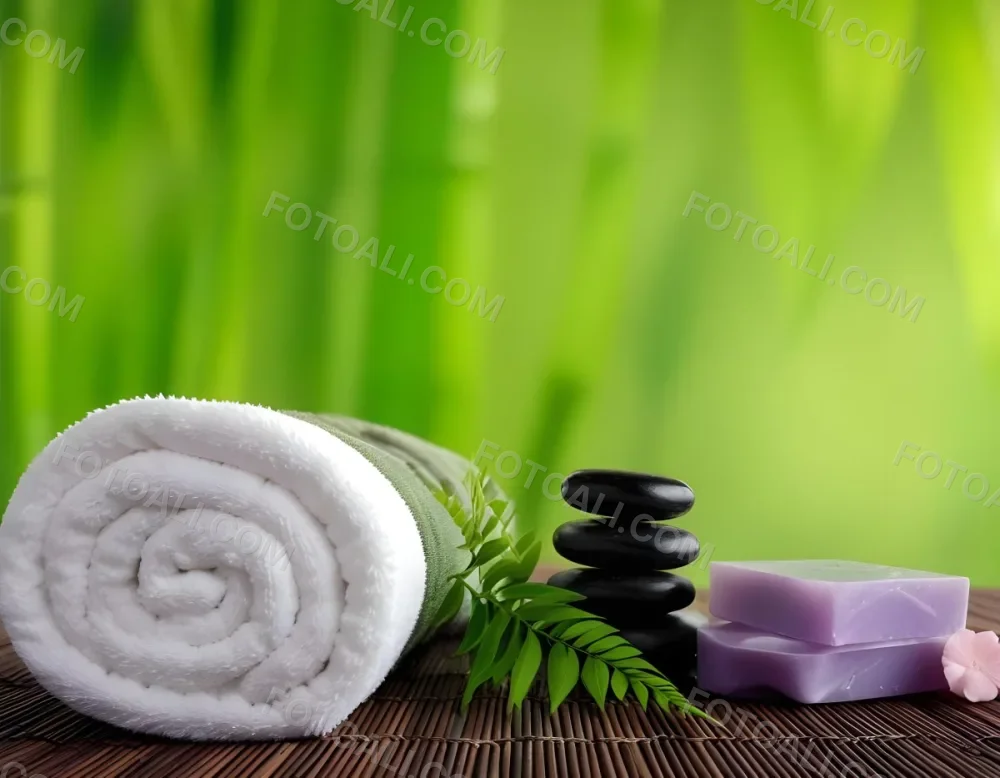 A Rolled White Towel Placed Next To Smooth Black Stones Green Fern Leaves And Small Purple And Pink Soap Bars The Background Features A Blurred Green Bamboo Setting Creating A Tranquil Spa Like Atmosphere 14 A4b7