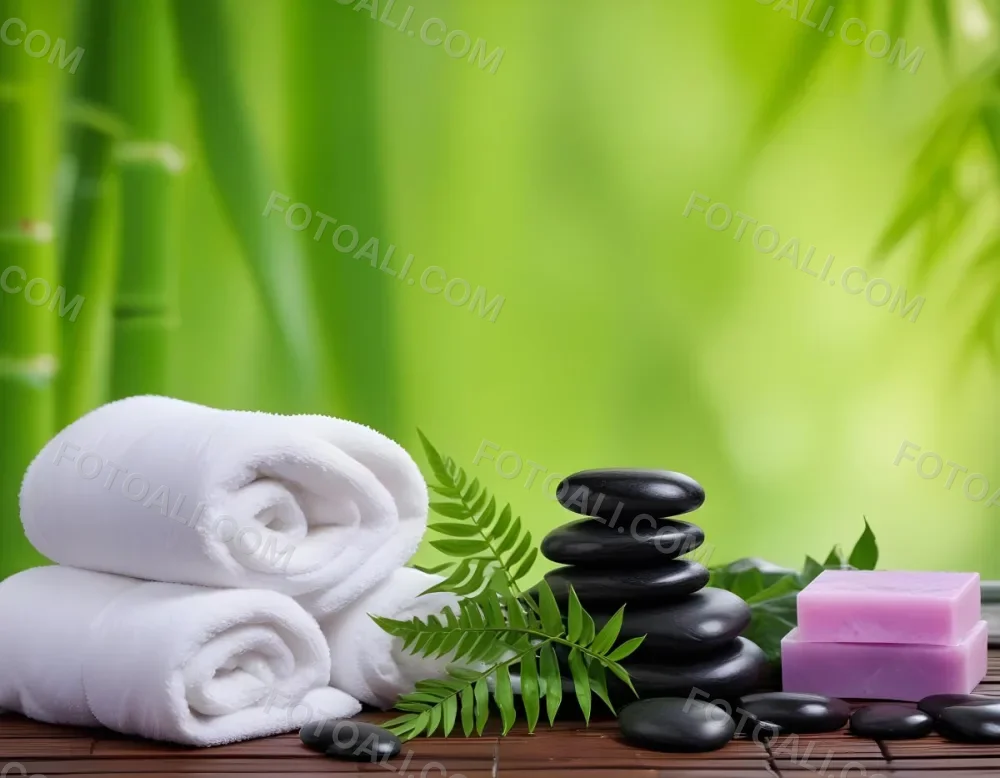A Rolled White Towel Placed Next To Smooth Black Stones Green Fern Leaves And Small Purple And Pink Soap Bars The Background Features A Blurred Green Bamboo Setting Creating A Tranquil Spa Like Atmosphere 5 9261