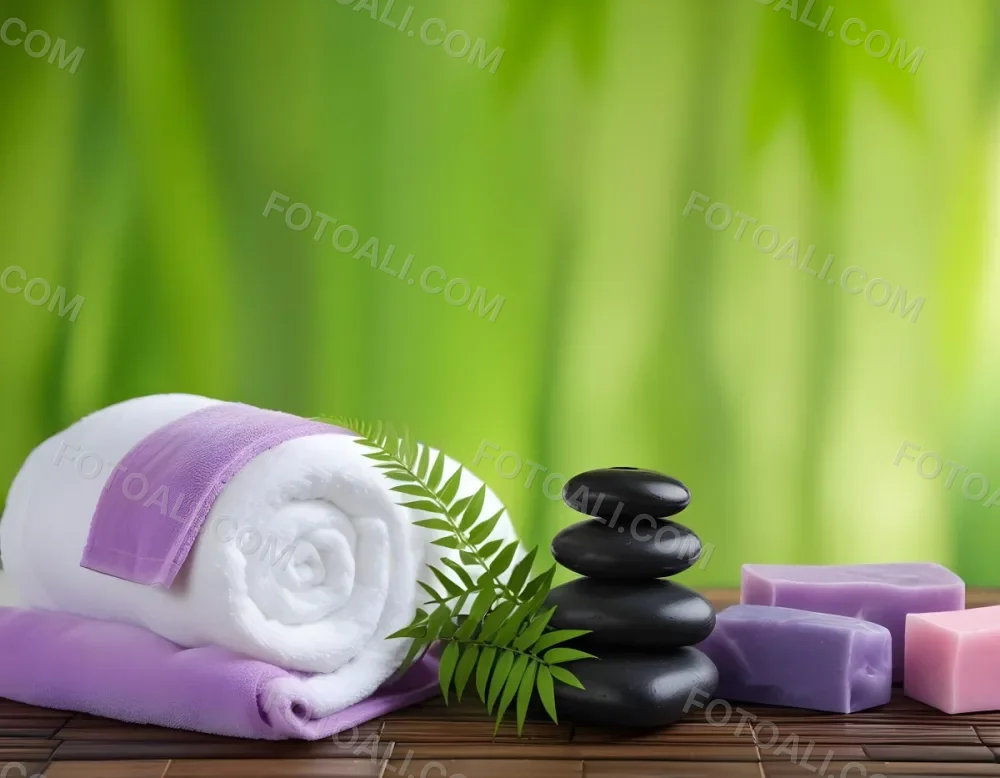 A Rolled White Towel Placed Next To Smooth Black Stones Green Fern Leaves And Small Purple And Pink Soap Bars The Background Features A Blurred Green Bamboo Setting Creating A Tranquil Spa Like Atmosphere 7 F0d5