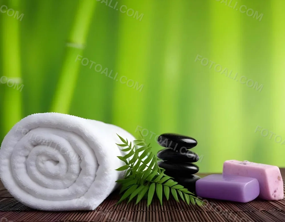 A Rolled White Towel Placed Next To Smooth Black Stones Green Fern Leaves And Small Purple And Pink Soap Bars The Background Features A Blurred Green Bamboo Setting Creating A Tranquil Spa Like Atmosphere 8 0aa0