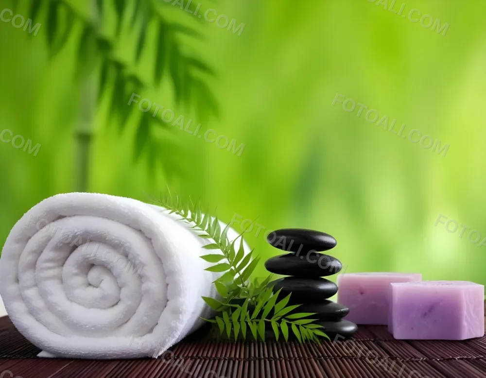 A Rolled White Towel Placed Next To Smooth Black Stones Green Fern Leaves And Small Purple And Pink Soap Bars The Background Features A Blurred Green Bamboo Setting Creating A Tranquil Spa Like Atmosphere 9 2bfc