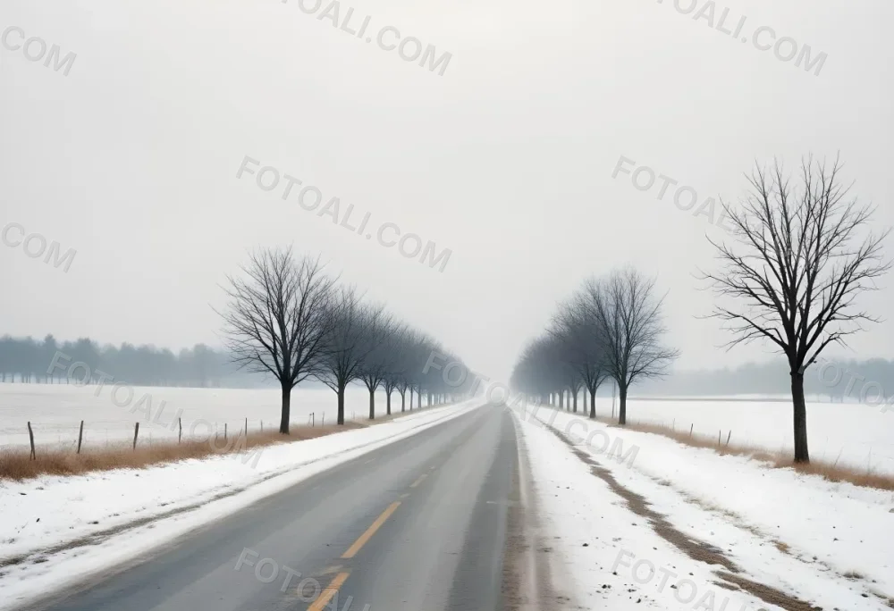 A Row Of Bare Trees Lining A Snowy Rural Road On An Overcast Winter Day 1 C630
