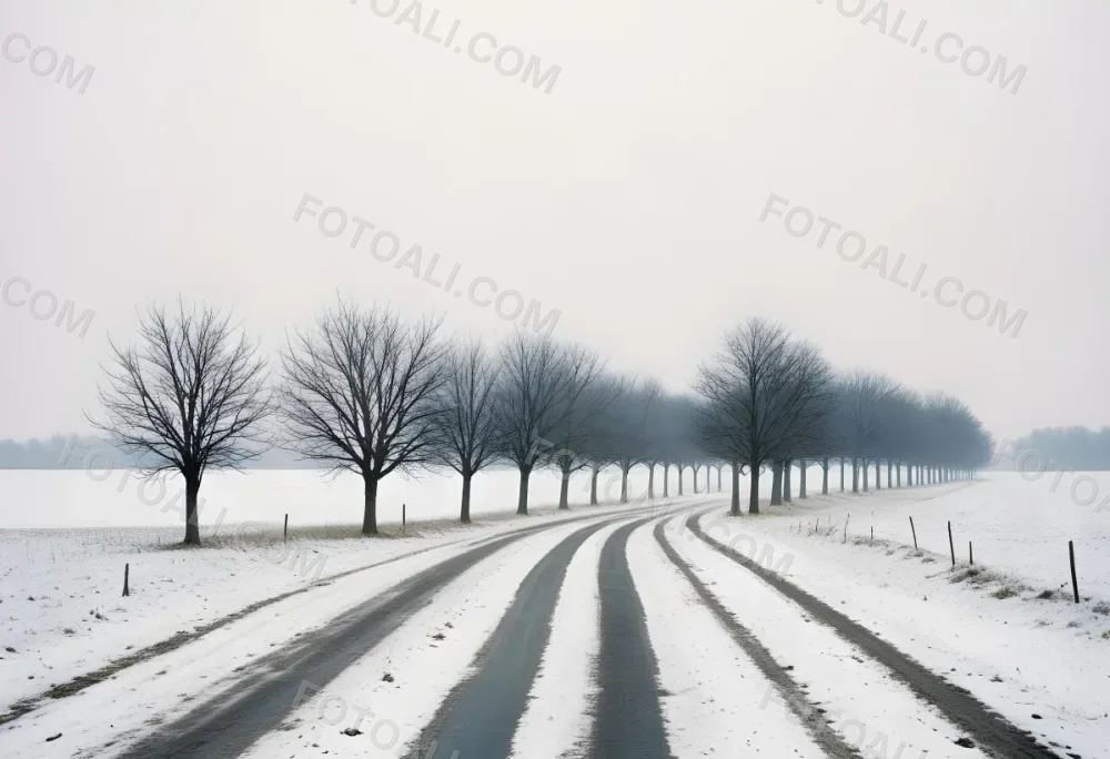 A Row Of Bare Trees Lining A Snowy Rural Road On An Overcast Winter Day 10 45cd