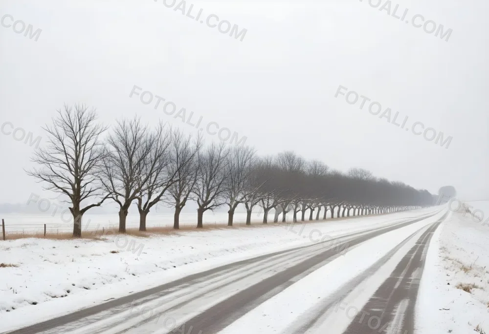 A Row Of Bare Trees Lining A Snowy Rural Road On An Overcast Winter Day 17 3e2a