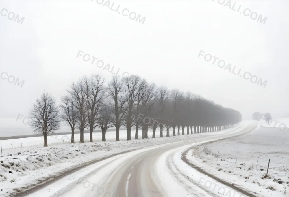 A Row Of Bare Trees Lining A Snowy Rural Road On An Overcast Winter Day 20 Bda9