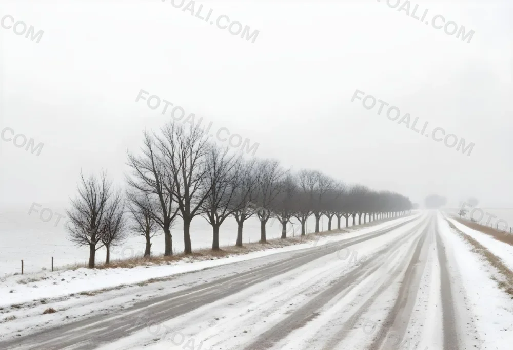 A Row Of Bare Trees Lining A Snowy Rural Road On An Overcast Winter Day 21 161c