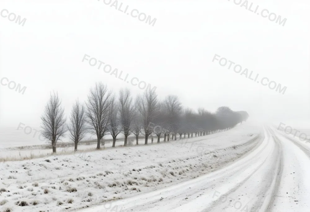 A Row Of Bare Trees Lining A Snowy Rural Road On An Overcast Winter Day 23 E3bc