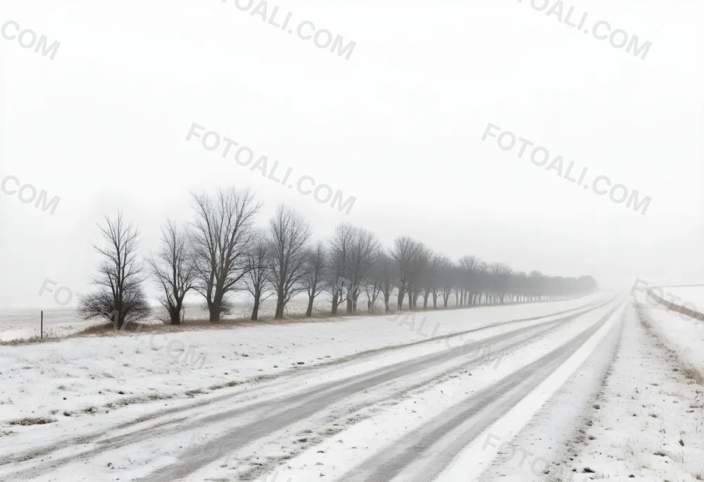 A Row Of Bare Trees Lining A Snowy Rural Road On An Overcast Winter Day 24 7bb4