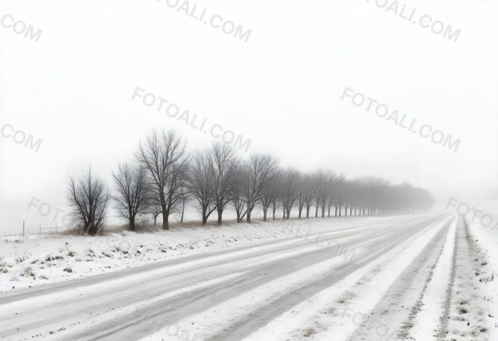 A Row Of Bare Trees Lining A Snowy Rural Road On An Overcast Winter Day 27 E84f