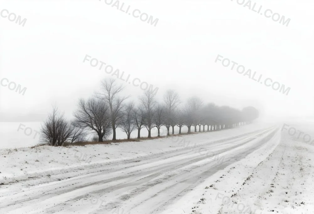 A Row Of Bare Trees Lining A Snowy Rural Road On An Overcast Winter Day 28 40fd