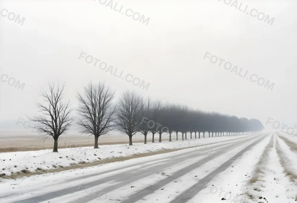 A Row Of Bare Trees Lining A Snowy Rural Road On An Overcast Winter Day 3 6ef1