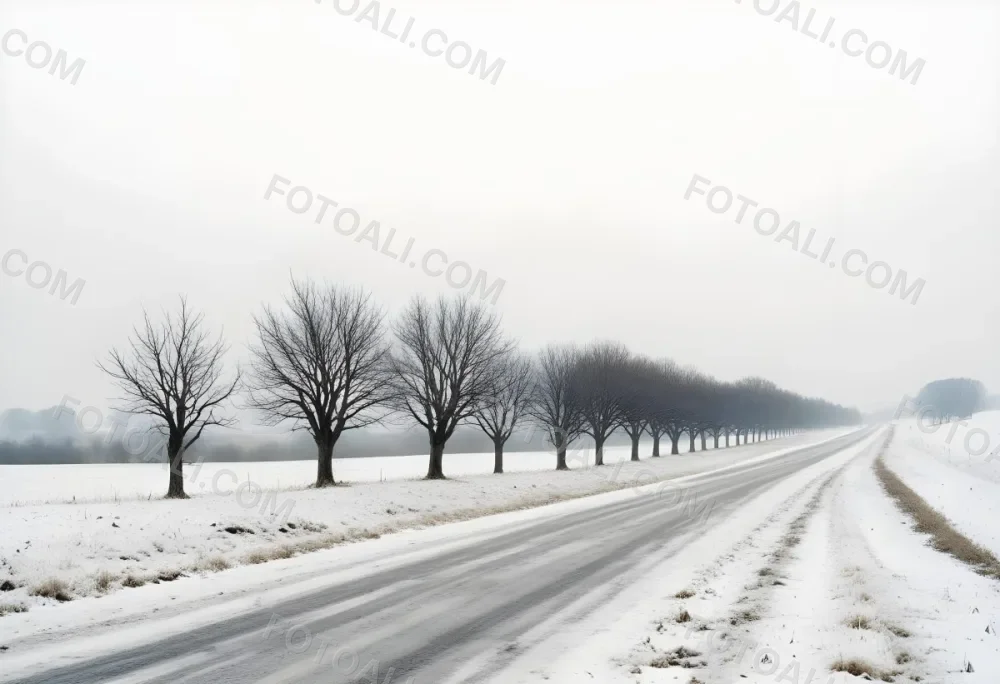 A Row Of Bare Trees Lining A Snowy Rural Road On An Overcast Winter Day 4 Fbdd
