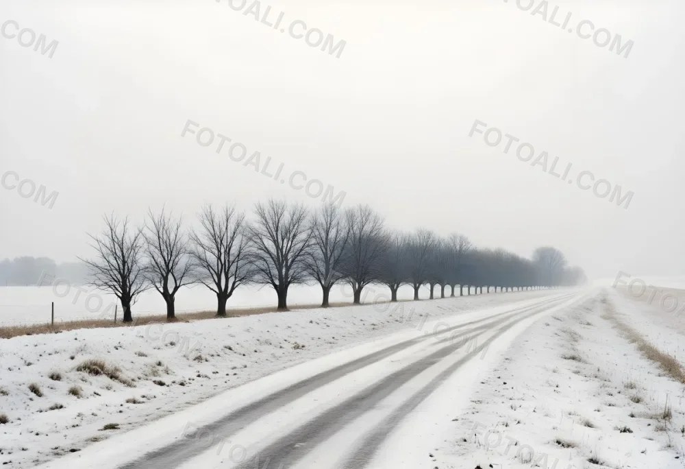 A Row Of Bare Trees Lining A Snowy Rural Road On An Overcast Winter Day 5 336e