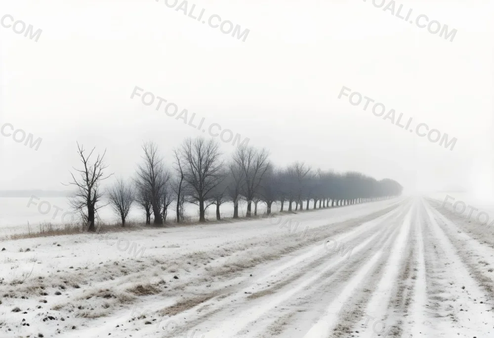 A Row Of Bare Trees Lining A Snowy Rural Road On An Overcast Winter Day 6 6e10