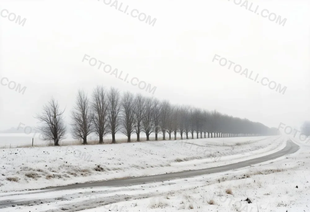 A Row Of Bare Trees Lining A Snowy Rural Road On An Overcast Winter Day 8 D989