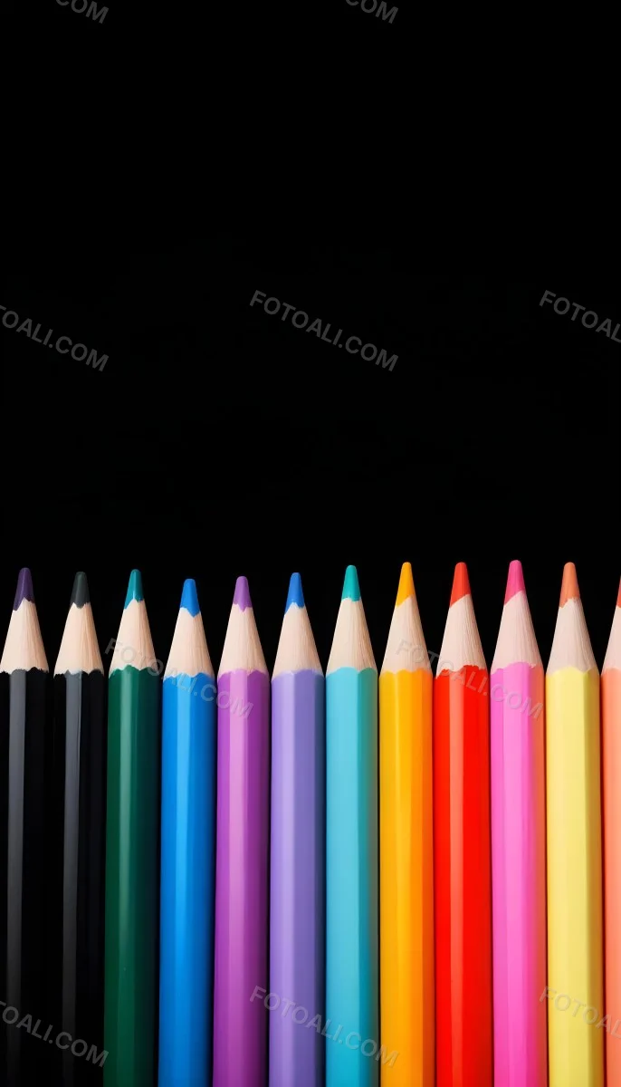 A Row Of Colored Pencils Arranged Neatly On A Black Background The Pencils Display A Variety Of Vibrant Colors Including Red Green Blue Purple Orange And Pink With Their Sharpened Tips Facing Upwards 1 E560