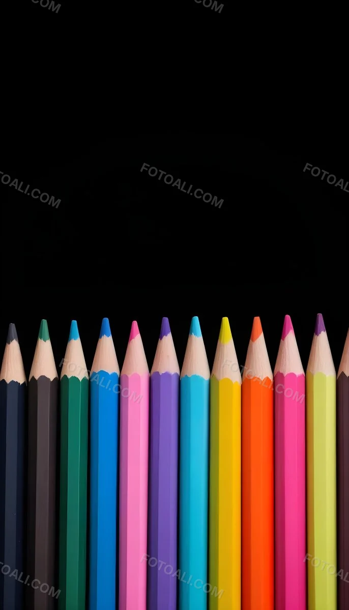 A Row Of Colored Pencils Arranged Neatly On A Black Background The Pencils Display A Variety Of Vibrant Colors Including Red Green Blue Purple Orange And Pink With Their Sharpened Tips Facing Upwards 10 0785