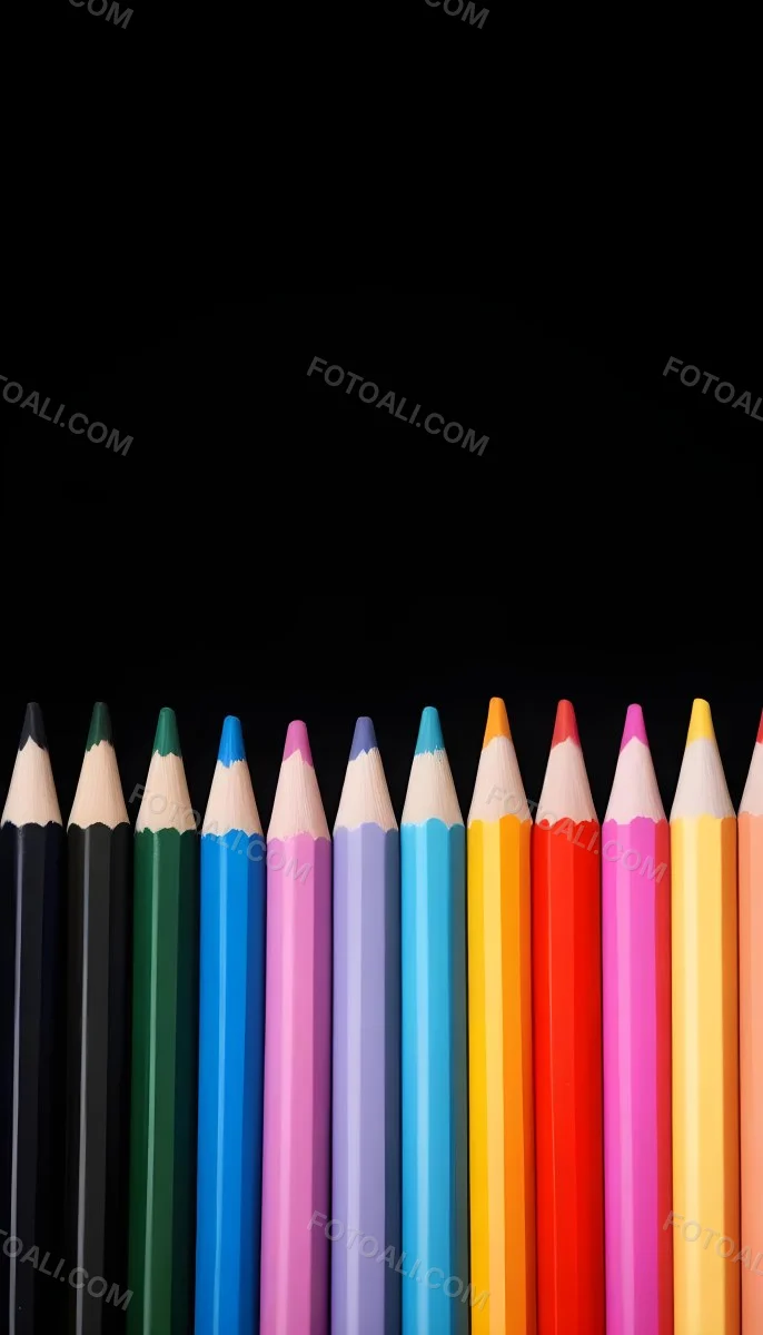A Row Of Colored Pencils Arranged Neatly On A Black Background The Pencils Display A Variety Of Vibrant Colors Including Red Green Blue Purple Orange And Pink With Their Sharpened Tips Facing Upwards 13 6259
